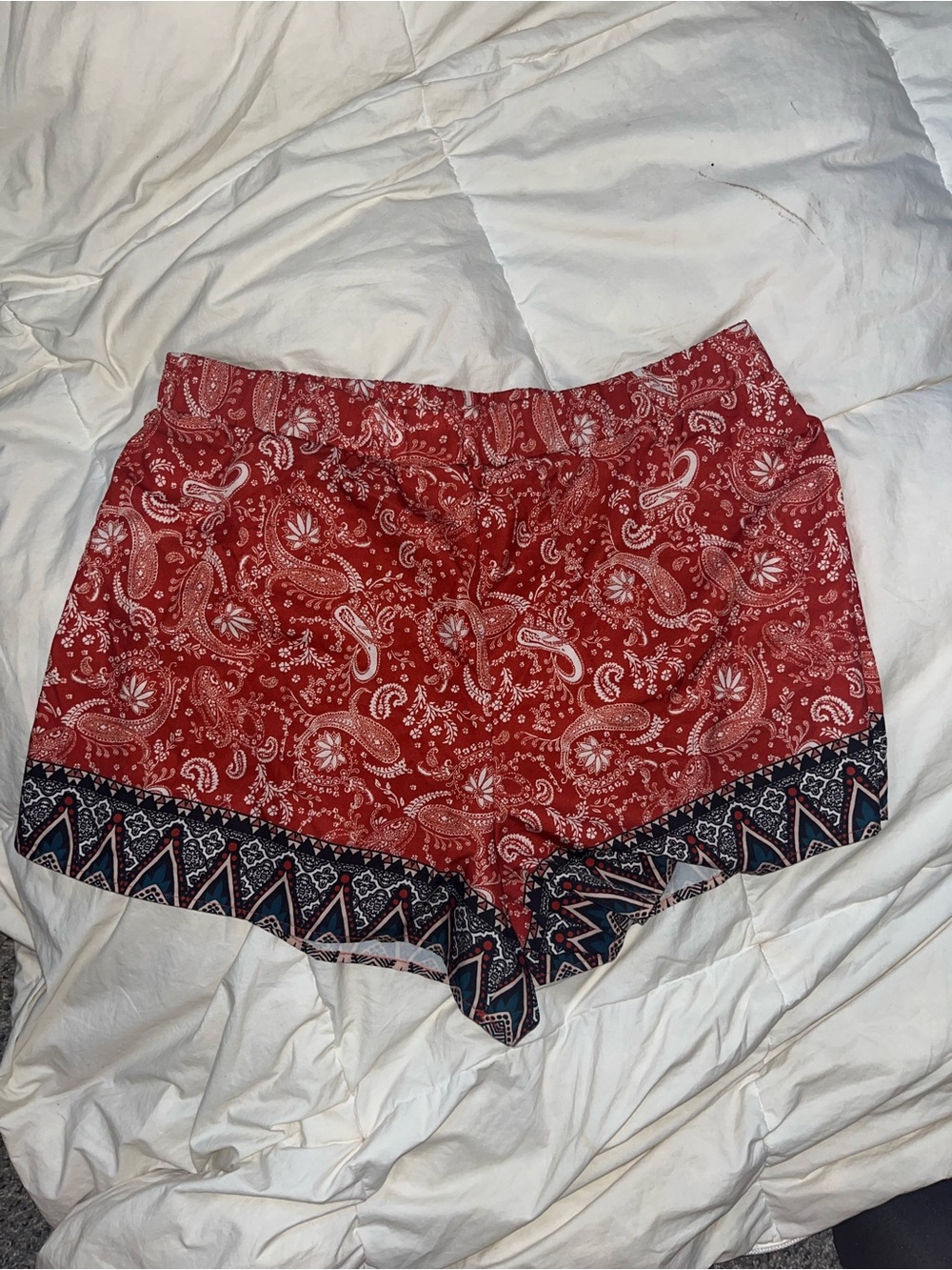 High-Waist Red Paisley Print Women’s Shorts